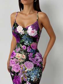 SHEIN SXY Summer Elegant Floral All-Over Print Backless Halter Mermaid Dress - Multicolor - View 3