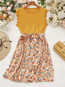 SHEIN LUNE 大码优雅花卉印花拼布连衣裙 - 黃色 - 查看 1