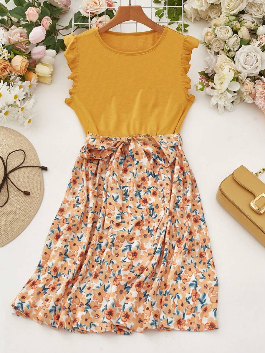 SHEIN LUNE 大码优雅花卉印花拼布连衣裙 - 黃色 - 查看 1