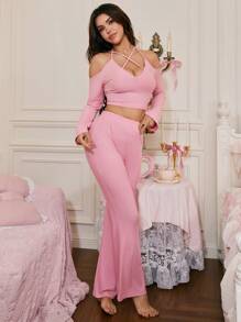 SweetSlumber 2 piezas Conjunto de pijama de mujer con escote en V profundo y sexy