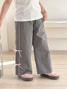 SHEIN Quần dài đến mắt cá chân họa tiết nơ giản dị màu xám cho bé gái - Xám - Xem 6