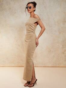 COSMINA Women's Asymmetrical Shoulder Ruched Long Denim Dress - Khaki - View 5