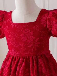 Young Girl Color Block Sleeveless Bowknot Casual Shift Dress - Red - View 7