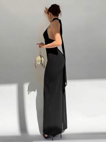 Aloruh Black Mesh Panel Elegant Sexy Party Halter Dress - Black - View 3