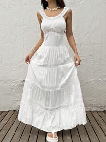 SHEIN EZwear 女式夏季度假撞色蕾丝荷叶边下摆连衣裙 - 白色 - 查看 4