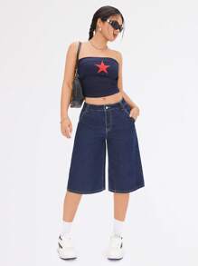 SHEIN EZwear Jeans informales con efecto desgastado, tiro bajo, pierna ancha y entrepierna de 6 pulgadas