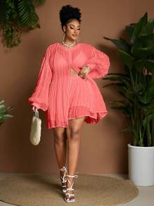 Maweii 2pcs Set Plus Size Elegant Casual Holiday Ruched Lantern Sleeve Top Fall Cloth For Women - Watermelon Pink - View 3