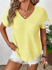 SHEIN LUNE Ladies' V-Neck Double Layer Cotton Wrinkled Fabric Short Sleeve Blouse - Yellow - View 1