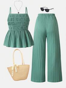 Sparklyn 甜美度假风格细肩带上衣和阔腿裤两件套，适合少女春夏休闲装