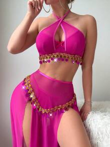 SHEIN 3pcs/Set Sexy Halter Golden Tassel Split Maxi Dress Set For Going Out - Hot Pink - View 1