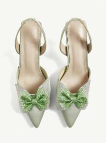 CUCCOO CHICEST Colorful Rhinestone Bow Decor Versatile Sweet Style Women Pumps - Green - View 4