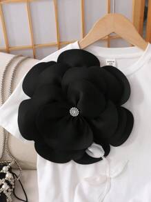 Tween Girls Tricou cu mânecă scurtă, cu mânecă scurtă, cu decor floral 3D, de culoare uni, din tricot, alb