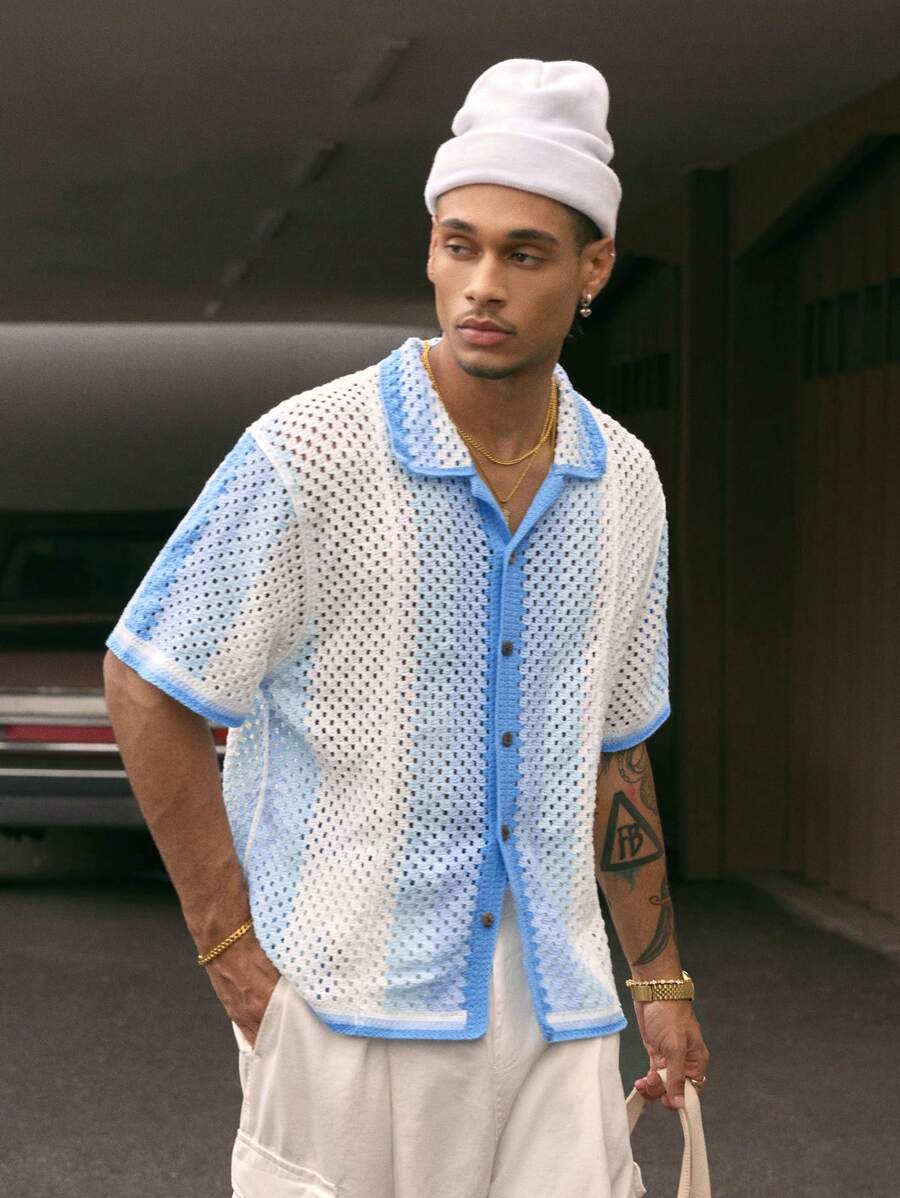 AXEPEAK Color Block Square Neck Short Sleeve Knit Cardigan Top For Men - Baby Blue - View 1