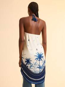 CAJUNI Top corto estivo casual da spiaggia con stampa floreale, nappine, senza spalline, incrociato, traforato, coulisse