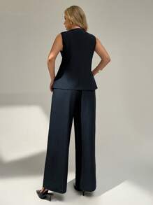 Auralis 大码优雅两件套：纯色无袖上衣和长裤 - 藏蓝色 - 查看 2