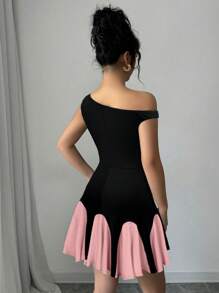 Firerie Váy cocktail ren khối màu bất đối xứng thanh lịch dành cho nữ, phù hợp cho ngày lễ tình nhân, đám cưới - Hồng - Xem 2