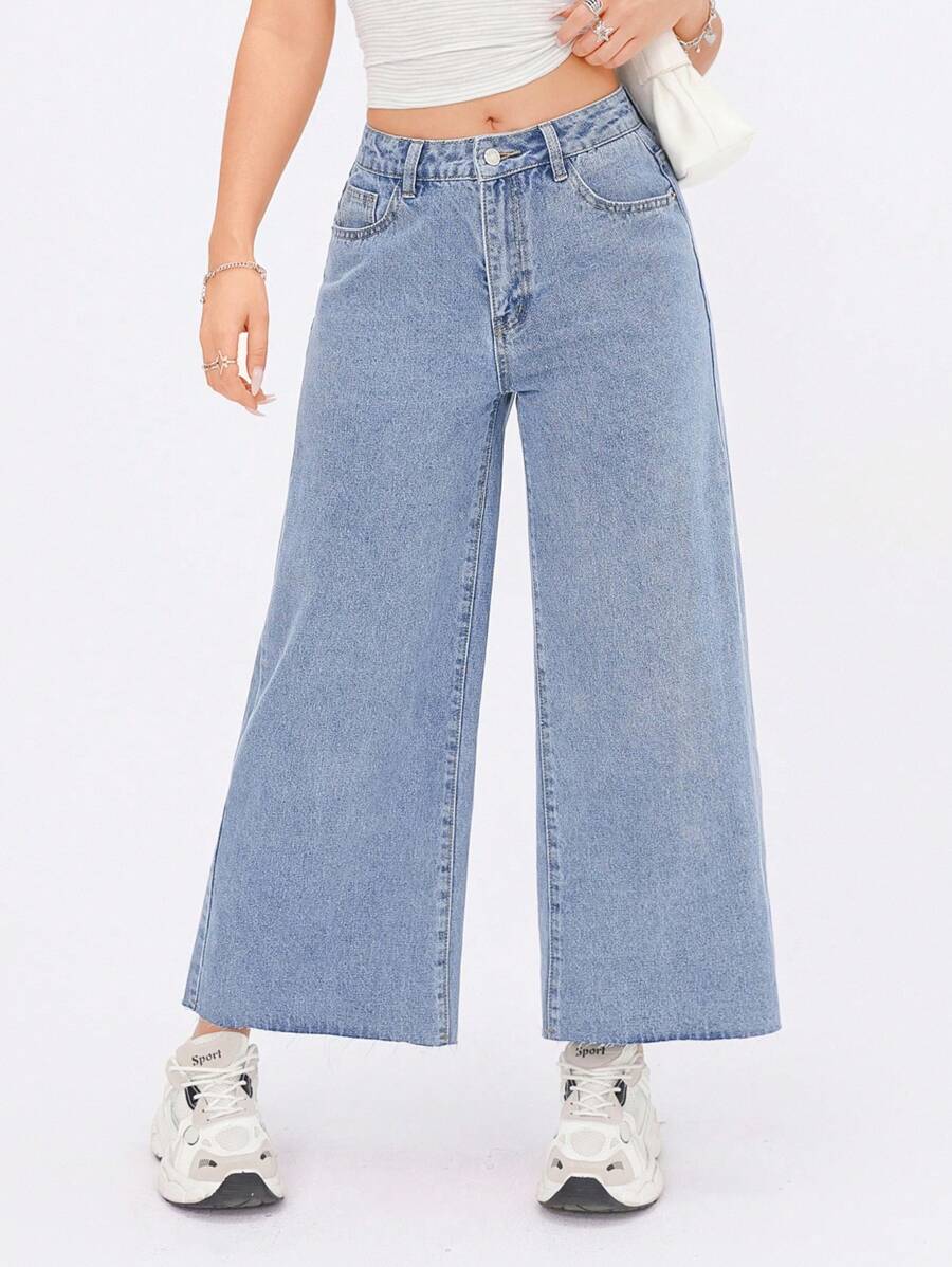SHEIN PETITE 女式口袋阔腿宽松休闲百搭牛仔裤 - 淺色水洗藍 - 查看 1