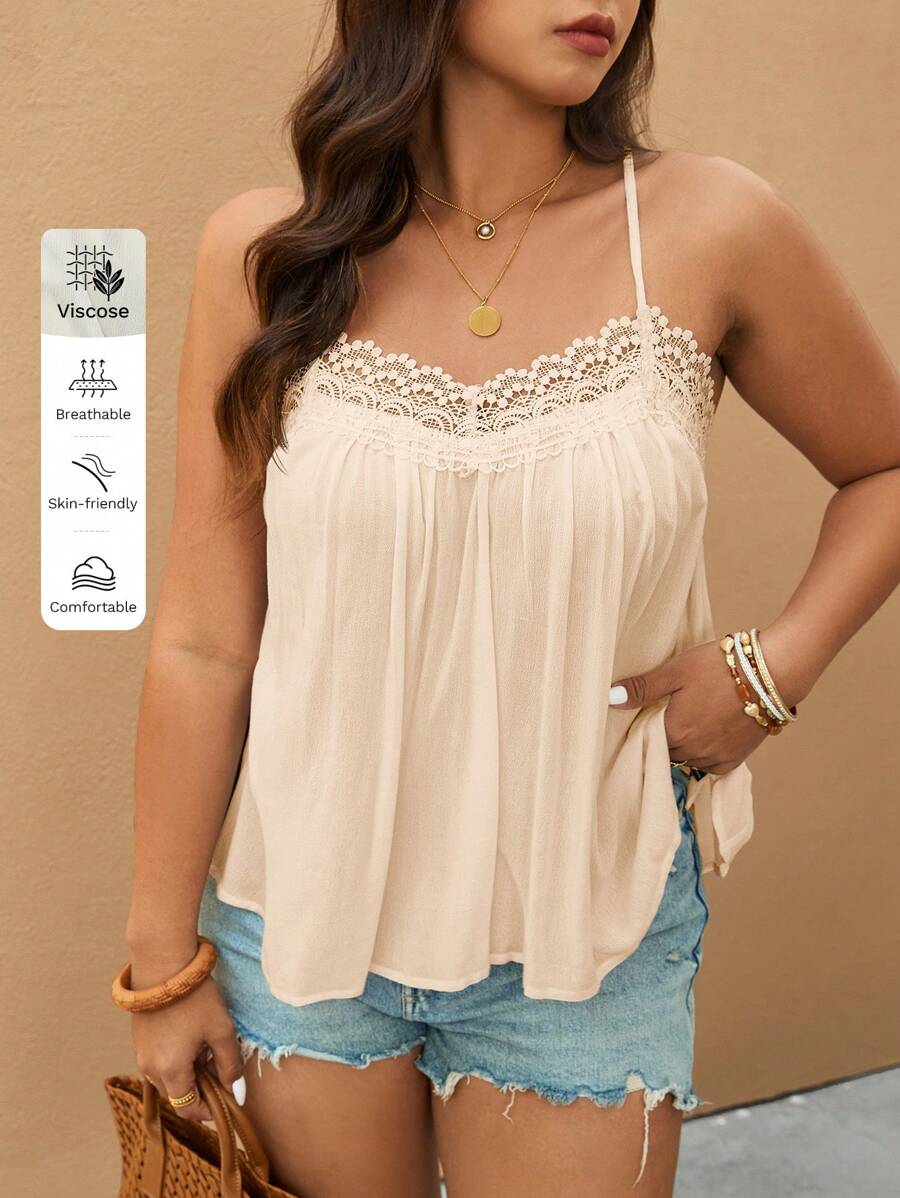 Elaquor Plus Size Solid Color Lace Patchwork Casual Camisole For Summer