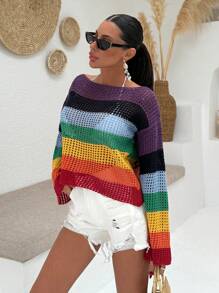 SHEIN Suéter cubridor con patrón a rayas de colores y calado para mujeres