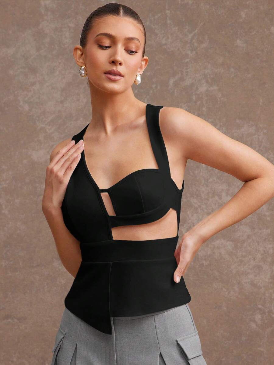 L'Amorae 优雅不对称镂空春季上衣 - 黑色 - 查看 1