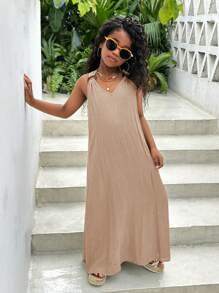 SHEIN Tween Girls Vacation Casual Sleeveless Twist Knot Dress, Spring & Summer - Khaki - View 3