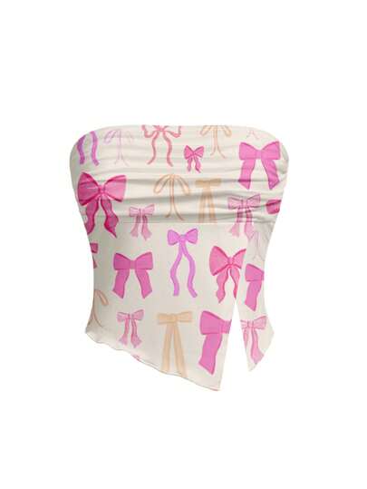 Duchess Plum Top ajustado y acortado con estampado de lazos rosas en estilo informal y "girlcore" para mujer, perfecto para verano, vacaciones, salidas y festivales