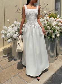 Siren Gaze Summer New Solid Color Three-Dimensional Flower Elegant Wedding Season Long Dress For Women, Graduation Season Dress, Elegant Dress, White Dresses Classy Elegant, White Graduation Dress, Concert Outfits For Women,Graduation Dresses