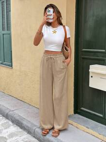 SHEIN Frenchy Quần dài thường ngày màu trơn cho nữ, phù hợp cho mùa hè - Màu Khaki - Xem 3