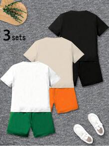 SHEIN 3 件套年轻男孩夏季休闲时尚创意卡通赛车彩色字母图案印花圆领短袖 T 恤和短裤套装 - 彩色 - 查看 2