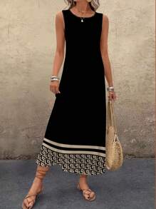 EMERY ROSE Plus Size Women Vintage Pattern Print Round Neck Casual Tank Dress, Summer Dresses For Women,Sundress Chic Dress