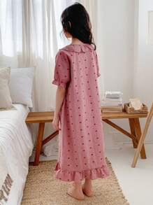 Dazy Kids 少女心形印花荷叶边下摆休闲短袖连衣裙家居服，女孩夏季服装，返校季复活节服装 - 粉色 - 查看 2