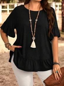 EMERY ROSE 大码纯色短袖 T 恤，休闲时尚，适合日常穿着、夏季穿着、度假穿着 - 黑色 - 查看 5