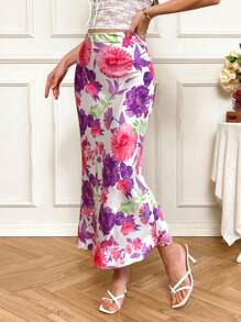 SHEIN VCAY Jupe évasée en mousseline de soie à imprimé floral pour femmes, style printemps/été resort, vacances d'été décontractées, vacances balnéaires bohèmes, style boho chic, concert country, festivals de vacances, plage, style old money