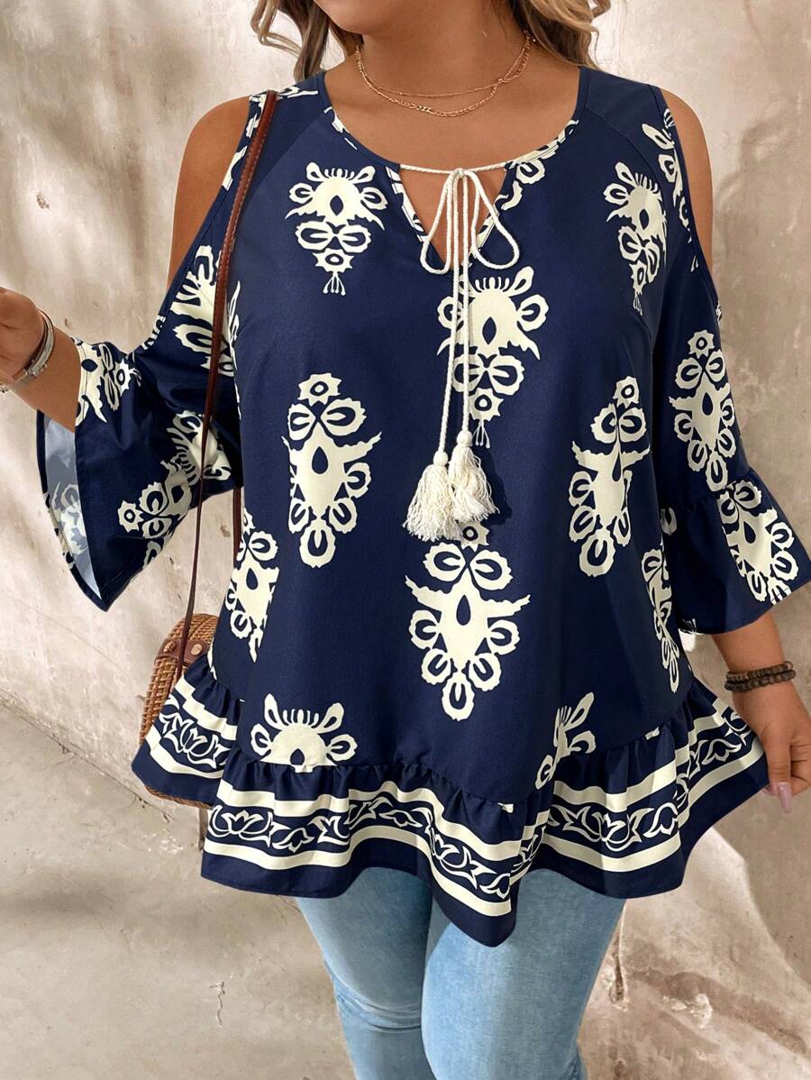 SHEIN LUNE Plus Size Open Shoulder Tie-Up Fringed Blouse - Navy Blue - View 1