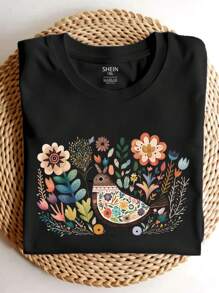 SHEIN LUNE Plus Size Women's Tops Boho Folk Art Bird Flower And Flowers Printed Graphic Short Sleeve Casual Crew Neck T-Shirt - Black - View 1
