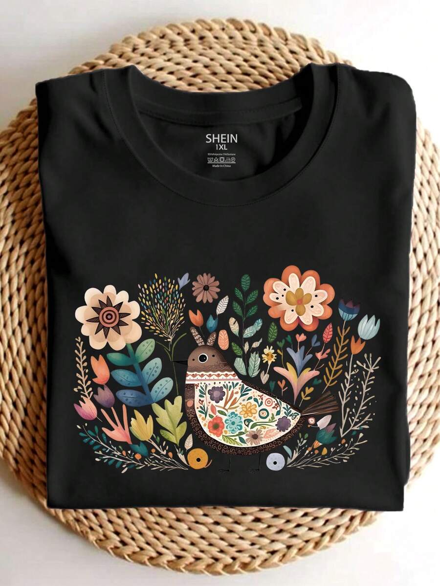 SHEIN LUNE Plus Size Women's Tops Boho Folk Art Bird Flower And Flowers Printed Graphic Short Sleeve Casual Crew Neck T-Shirt - Black - View 1