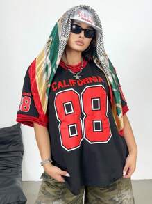 Flirla Camiseta de manga corta con estampado gráfico, cuello de canalé y talla grande