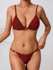 SHEIN Swim Bộ bikini 2 mảnh trơn màu dành cho nữ, vải bóng, phong cách phù hợp, gợi cảm và đa năng - màu nâu - Xem 3