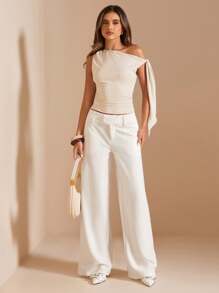 SHEIN BAE Women Solid Cream White Straight Leg Pants, Minimalist Fashion Low Rise Wide Casual For Daily, Holiday, Office Wear, Spring/Summer Work - White - View 3