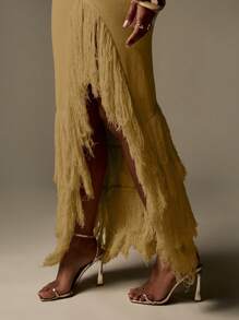 MISSGUIDED Designer Bodycon Asymmetric Fringe Hem Sweater Dress High Fashion Runway Evening Special Occasion Long Women Holiday Party Gown Spring Fall - Brown - View 4