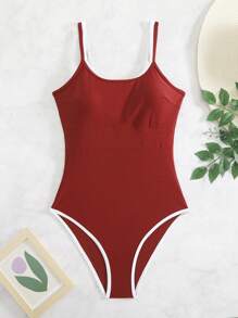 SHEIN Swim 1pc Women's Solid Color One-Piece Swimsuit, Fashionable For Summer - Red - View 3