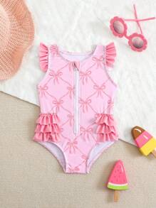 Newborn/Infant Cute Bow Knot Printed 3-Layer Ruffles Beach Swimsuit Romper, Suitable For Swimming And Vacation - Multicolor - View 1