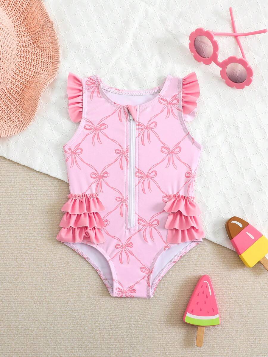 Newborn/Infant Cute Bow Knot Printed 3-Layer Ruffles Beach Swimsuit Romper, Suitable For Swimming And Vacation - Multicolor - View 1
