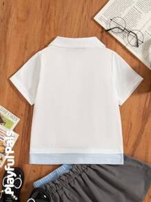 Young Girls Knit Shirt Summer New Polo Collar, Pleated Shoulder Bow Decor, Colorblock Hem, Partial Front Button, Short Sleeve Casual Tee - White - View 2