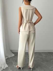 Elenzga Completo estivo da donna composto da blusa smanicata elegante con fiocco in vita e pantaloni lunghi, adatto per festival musicali, vacanze e uso quotidiano in tutte le stagioni