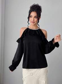 Modelyn Damen elegante Off-Shoulder Bluse mit Rüschensaum und Kunstperle Verzierung