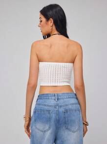 Roylia Fashionable & Sexy Bandeau Patchwork Lace Asymmetric Hem Women Crop Top - Apricot - View 2