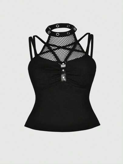 Goth Plus Size Punk Eyelet Cutout Fishnet Patchwork Camisole Tank Top