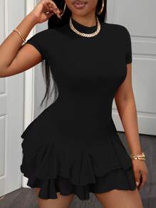 Slaydiva Summer Casual Round Neck Ruffle Hem Short Sleeve Slim Fitting Unique Mini Dress Summer Dresses For Women,Sun Dresses For Women,Business Casual Woman