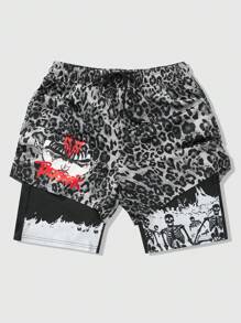 ROMWE MEN Anime 男士哥特式骷髅与动漫人物印花动物豹纹休闲短裤，适合日常穿着、春夏季、万圣节